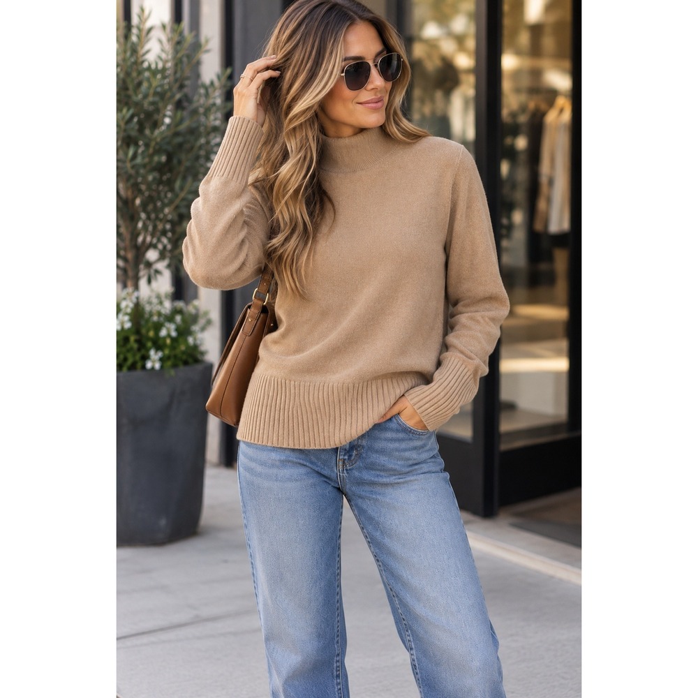 French Connection Camel Mock Neck Sweater Quiet Luxury L